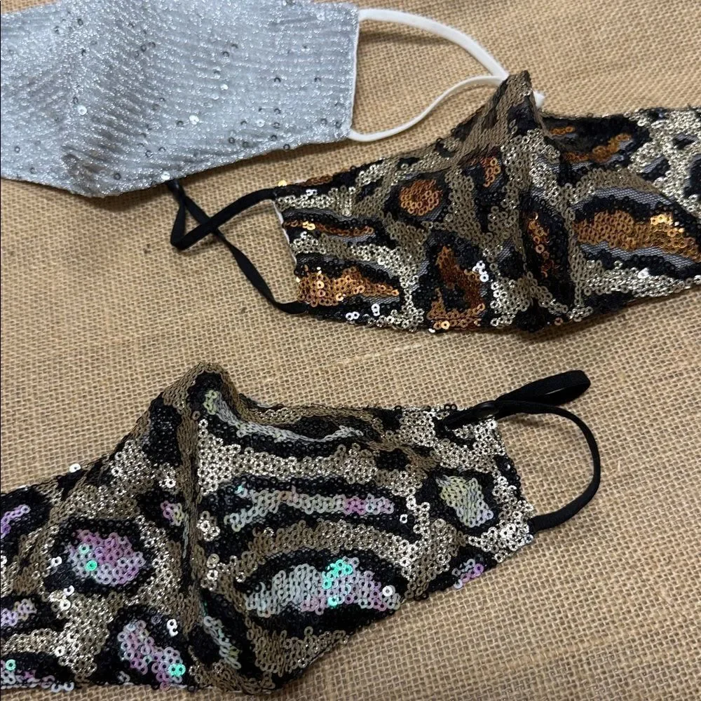 Set of 3 Sequin Face Masks Set - 2 Cheetah and 1 Silver Sparkle - DAZZLED - NWT